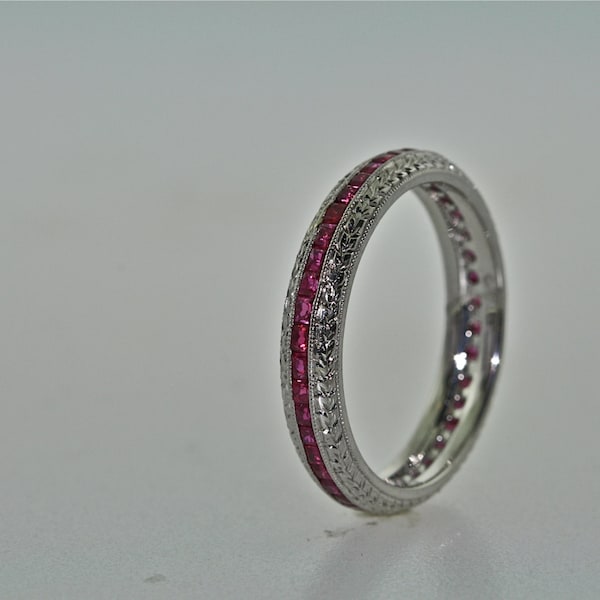 Platinum and Ruby Hand Engraved Art Deco Style Eternity Band