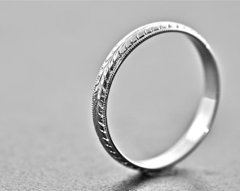 14kt White Gold Hand Engraved Wedding Band