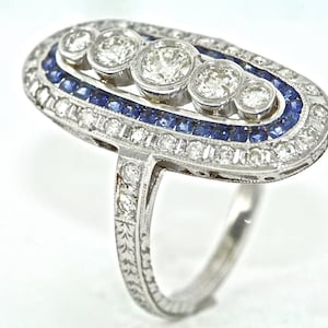 18kt White Gold and Diamond and Blue Sapphire Art Deco Estate Hand Engraved Ring