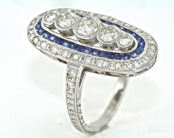 18kt White Gold and Diamond and Blue Sapphire Art Deco Estate Hand Engraved Ring