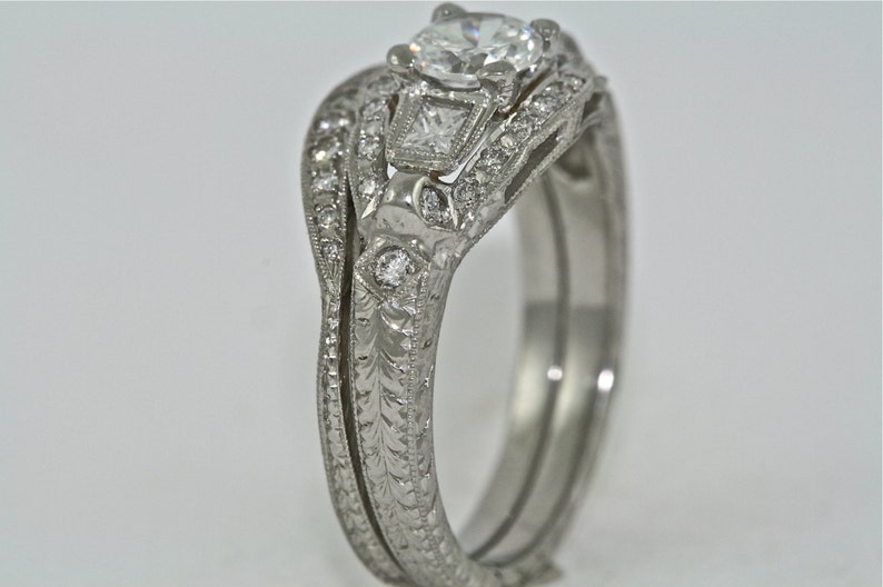 Platinum and Diamond Bridal Set Engagement Ring and Wedding Band image 1