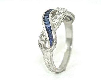 Platinum and Diamond and Sapphire Hand Engraved Wedding Band