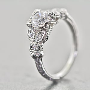 14kt White Gold and Diamonds Art Deco Design Hand Engraved Engagement Ring, Wedding Ring with .75ct White Sapphire center