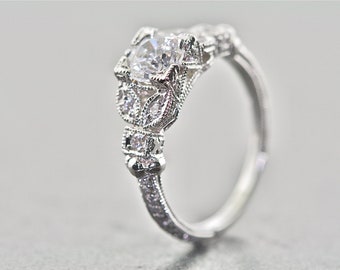 14kt White Gold and Diamonds Art Deco Design Hand Engraved Engagement Ring, Wedding Ring with .75ct White Sapphire center