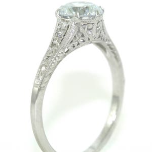 14kt White Gold and Diamonds Edwardian Style Hand Engrave Engagement Ring,Center .88 ct Moissanite