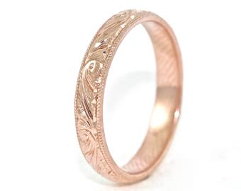 14kt Rose Gold Hand Engraved Art Deco Design Wedding Band