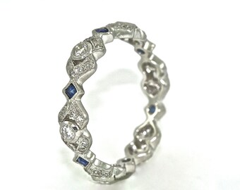 Platinum and Diamond, Sapphire Art Deco Design Wedding Band