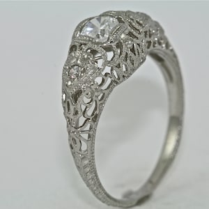 14kt White Gold and Diamonds Edwardian Style Hand Engraved Engagement Ring with .45ct White Sapphire Center