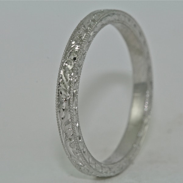 14kt ホワイトゴールド 手彫りアールデコデザイン結婚指輪