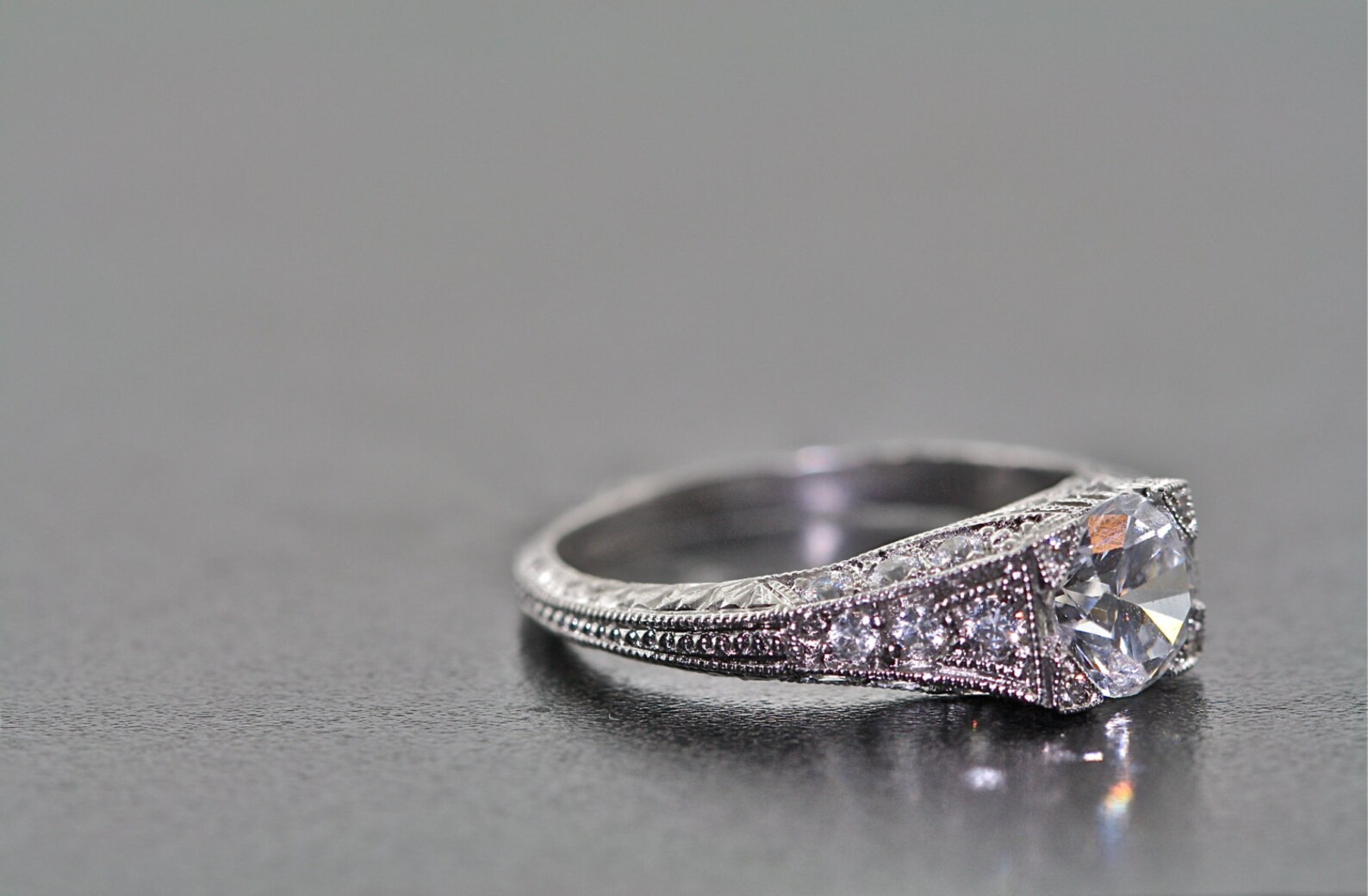 14kt White Gold Art Deco Design Hand Engraved Engagement Ring Etsy