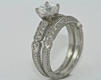 Platinum and Diamond Art Deco Design Hand Engraved Bridal Set (Engagement Ring and Wedding Band)