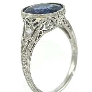 Platinum and Diamonds Hand Engraved Estate Ring with 3.50ct Ceylon Blue Sapphire Center