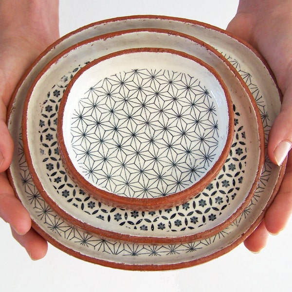 Three Tapas Plates - Ceramic Plate Set- Geometric Plates - Pottery Plates