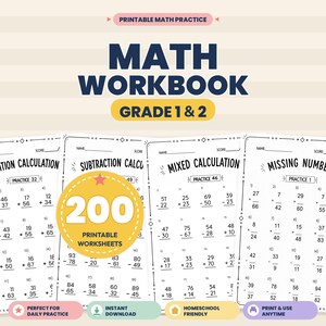 Könnte beinhalten: Ein druckbares Mathe-Arbeitsbuch für die Klassen 1 und 2 mit 200 Arbeitsblättern. Das Cover zeigt den Text "MATH WORKBOOK GRADE 1 & 2" und "200 PRINTABLE WORKSHEETS" in einem gelben Kreis. Die Seiten enthalten Additions- und Subtraktionsaufgaben.
