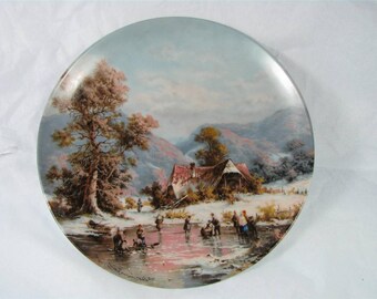 ICEFISHERS on VILLAGE POND Furstenberg German Porcelain Art plate mib! e1928