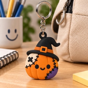 Halloween Scarecrow Patchwork Keychain | Spooky Fall Bag Charm | Unique 3D Printed Key Fob Accessory