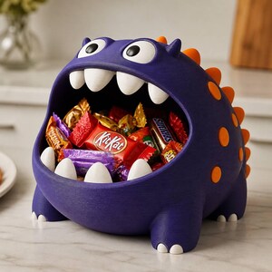 May include: A purple monster-shaped bowl with a wide-open mouth filled with assorted candy bars. The creature features large white eyes, white pointed teeth on the top and bottom jaws, and a row of orange spikes along its back and sides.