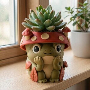 May include: A green frog-shaped planter with a red mushroom cap lid featuring cream-colored spots. The frog has large black eyes, a small smile, and hands held to its face. A green succulent plant is potted inside the top of the mushroom cap.