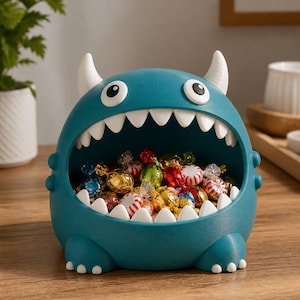 May include: A teal monster-shaped bowl with two white horns and a wide open mouth filled with sharp white teeth. The bowl is filled with various colorful candies wrapped in shiny metallic foil and clear plastic wrappers, creating a festive display.