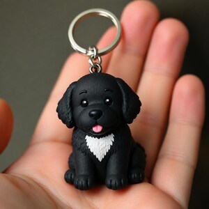 Pode incluir: Um porta-chaves com uma pequena figura de cachorro preto mate com orelhas caídas, olhos pretos grandes e uma língua rosa de fora. O cachorro tem uma mancha branca distinta no peito e está preso a um anel circular de metal prateado.