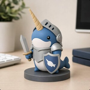 Peut inclure: Une figurine de narval bleu et blanc vêtue d'une armure de chevalier argentée, avec une corne en spirale beige, une épée grise dans une nageoire et un bouclier bleu orné d'une silhouette de narval blanche, sur un socle circulaire gris.