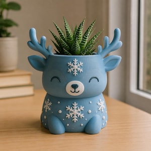 Snowflake Deer 3D Printed Planter Pot - Hand Painted Woodland Succulent Holder