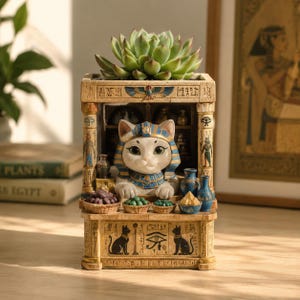 May include: A rectangular planter featuring a white cat figurine wearing a blue and gold pharaonic headdress. The structure is decorated with Egyptian-style carvings, including cats and the Eye of Horus, and holds a green succulent plant on top.