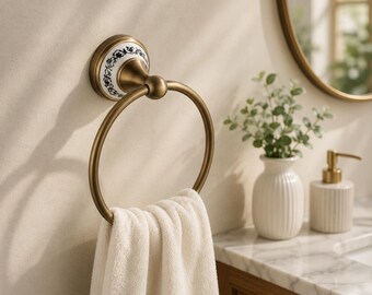 Gold Towel Ring Wall Mounted Bathroom | Luxury Bathroom Decor Gold Hand Towel Holder | Antique Brass Ring Vintage Ceramic Accent
