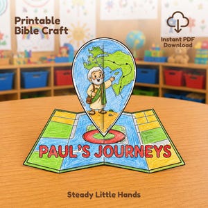 May include: A printable paper craft titled Paul's Journeys featuring a colored illustration of a man in ancient clothing standing on a map with a location pin. The design includes a dotted path across a green landmass and blue water sections.