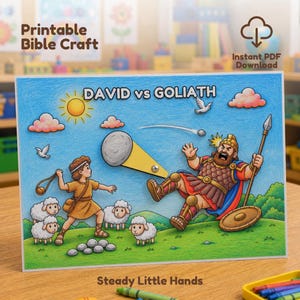May include: A printable Bible craft featuring a David vs Goliath scene with a movable paper stone element. The illustration shows David with a sling and sheep, and Goliath in armor, set against a blue sky with a sun, clouds, and birds.