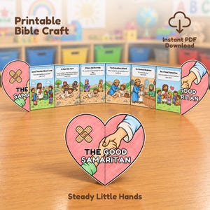 Puede incluir: Una manualidad bíblica imprimible que consiste en una tarjeta plegable tipo acordeón con seis paneles que representan la historia del Buen Samaritano. Cada panel incluye ilustraciones coloridas y texto. Una cubierta en forma de corazón muestra dos manos.