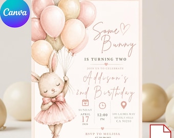 Puede incluir: Una tarjeta de invitación de cumpleaños con una ilustración en acuarela de un conejo con vestido rosa sosteniendo globos. El texto dice Some Bunny is turning two, Addison's 2nd Birthday, Sunday April 17 2026, 12:00 PM, 1091 Laurel Way, Beverly Hills, CA 90210, RSVP to Melissa at 310.386.9413.
