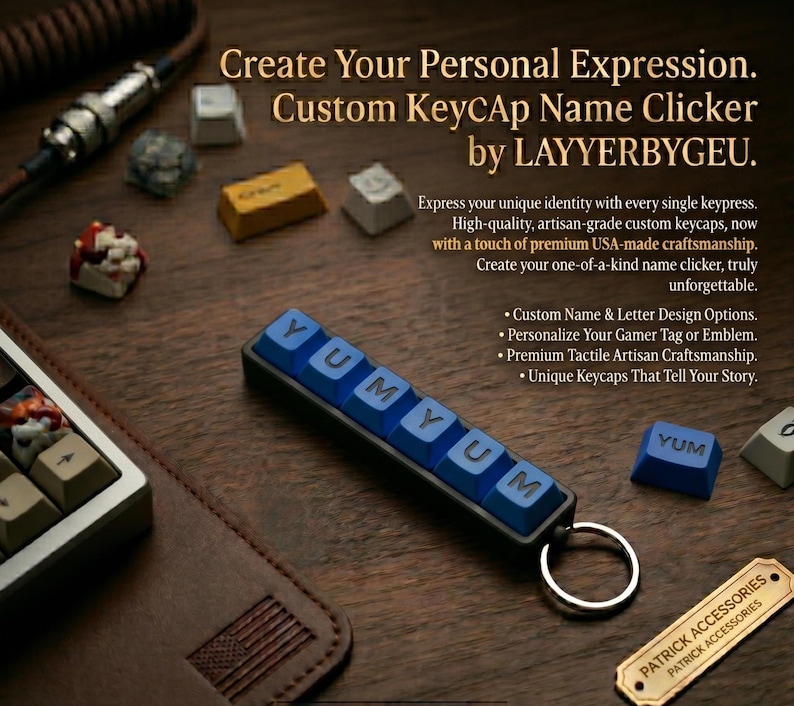 Custom name clicker — YUMYUM, black base, blue keys