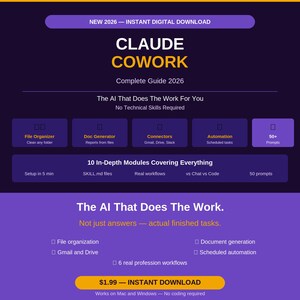 Może przedstawiać: Grafika produktu cyfrowego zatytułowana CLAUDE COWORK Complete Guide 2026. Fioletowo-granatowy układ zawiera tekst opisujący narzędzia automatyzacji AI, organizację plików, generowanie dokumentów oraz 50+ promptów dla systemów Mac i Windows.
