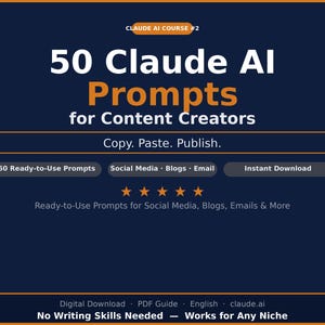 May include: A digital guide titled 50 Claude AI Prompts for Content Creators, featuring the text Copy. Paste. Publish. and 50 Ready-to-Use Prompts. The dark blue graphic includes five orange stars, a list of formats, and the text No Writing Skills Needed.