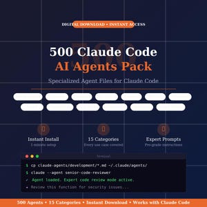 Pode incluir: Um gráfico de download digital para o pacote 500 Claude Code AI Agents. O fundo azul escuro apresenta linhas de grade brancas, texto laranja e uma janela de terminal mostrando código para carregar um agente especialista.