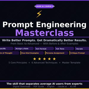 May include: A dark purple and black digital graphic titled Prompt Engineering Masterclass. It features a yellow lightning bolt icon, text listing 5 core principles and 6 advanced techniques, five yellow stars, and the subtitle Write Better Prompts.