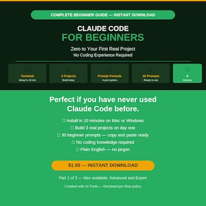 Könnte beinhalten: Ein digitaler Leitfaden mit dem Titel Claude Code for Beginners auf grünem und dunklem Hintergrund. Er enthält Abschnitte für Terminal-Einrichtung, drei Projekte, eine Prompt-Formel, dreißig Prompts und sechs Module sowie Installationsanweisungen.