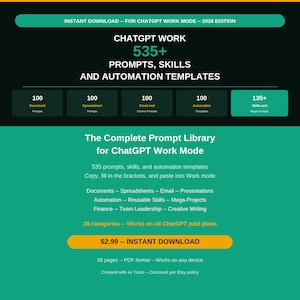 Può includere: Un documento digitale intitolato ChatGPT Work 535+ Prompts, Skills and Automation Templates 2026 Edition. Il layout presenta sezioni verdi e nere con testo che descrive 100 prompt per documenti, fogli di calcolo, email, automazioni e 135+ competenze e mega-prompt.
