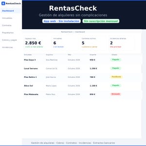 Puede incluir: Una interfaz de panel digital para el software de gestión de alquileres RentasCheck. La pantalla muestra ingresos por alquiler, contratos activos e incidencias abiertas. Una tabla enumera propiedades, inquilinos, meses, importes y estados.
