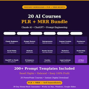 Può includere: Un grafico di bundle digitale intitolato 20 AI Courses PLR + MRR Bundle con Claude AI, ChatGPT e Prompt Engineering. Il layout include una griglia di argomenti dei corsi come social media, e-commerce e produttività, oltre a 200+ modelli di prompt.