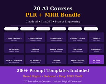 Könnte beinhalten: Eine digitale Bundle-Grafik mit dem Titel 20 AI Courses PLR + MRR Bundle, die Claude AI, ChatGPT und Prompt Engineering umfasst. Das Layout enthält ein Raster mit Kursthemen wie Social Media, E-Commerce und Produktivität sowie 200+ Prompt-Vorlagen.