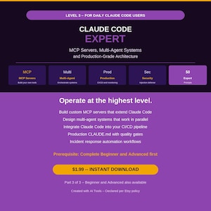 Könnte beinhalten: Eine digitale Grafik mit violettem und dunklem Hintergrund mit dem Text LEVEL 3 -- FOR DAILY CLAUDE CODE USERS, CLAUDE CODE EXPERT, MCP Servers, Multi-Agent Systems und Production-Grade Architecture, gefolgt von Operate at the highest level.