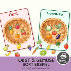 Könnte beinhalten: Zwei rechteckige Lernkarten mit Illustrationen von geflochtenen Körben. Die linke Karte ist mit Obst beschriftet und zeigt Ananas, Himbeere, Kirsche und Kaki. Die rechte Karte ist mit Gemüse beschriftet und zeigt Blumenkohl, Tomate, Kürbis und Aubergine.