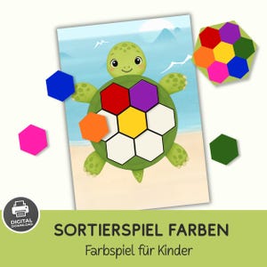 Peut inclure: Un jeu de tri de couleurs à imprimer représentant une tortue verte avec une carapace composée d'espaces hexagonaux. Le jeu inclut des pièces hexagonales détachées rouges, violettes, jaunes, orange, bleues, roses et vertes. Texte : SORTIERSPIEL FARBEN Farbspiel für Kinder.
