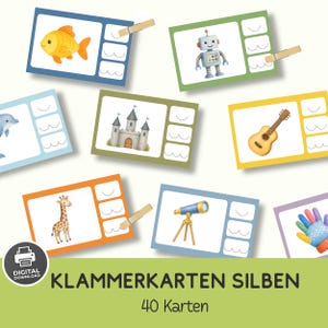 Może przedstawiać: Zestaw edukacyjnych kart z klamerkami przedstawiających kolorowe ilustracje ryby, robota, delfina, zamku, gitary, żyrafy, teleskopu i rękawiczki. Każda karta zawiera białą sekcję z trzema zakrzywionymi liniami oraz przymocowaną drewnianą klamerkę.