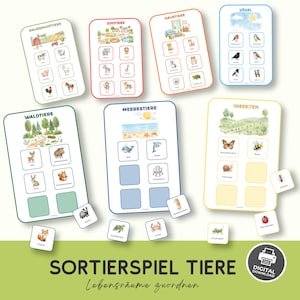 Peut inclure: Un ensemble de cartes éducatives de tri d'animaux classées par catégories comme animaux de la ferme, du zoo, domestiques, oiseaux, de la forêt, marins et insectes, avec des tuiles assorties, illustrées et étiquetées en allemand.