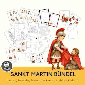 Könnte beinhalten: Ein digitales Download-Paket mit Sankt Martin Arbeitsblättern, Ausmalbildern und Textdokumenten. Die Sammlung enthält Illustrationen eines römischen Soldaten, der einen roten Mantel mit einer bedürftigen Person teilt, sowie diverse Lernmaterialien.