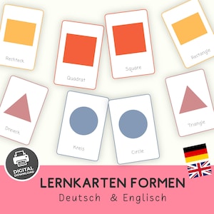 May include: A set of educational flashcards featuring various shapes including squares, rectangles, triangles, and circles in orange, red, and blue. Each card displays the shape and its name in English or German. The text reads LERNKARTEN FORMEN.