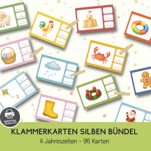 Może przedstawiać: Zestaw edukacyjnych kart z klamerkami przedstawiających ilustracje owcy, koguta, zamku z piasku, koła ratunkowego, koszyka wielkanocnego, chmury deszczowej, kraba, latawca, wieńca adwentowego, kalosza, piernikowego ludzika oraz Świętego Mikołaja.